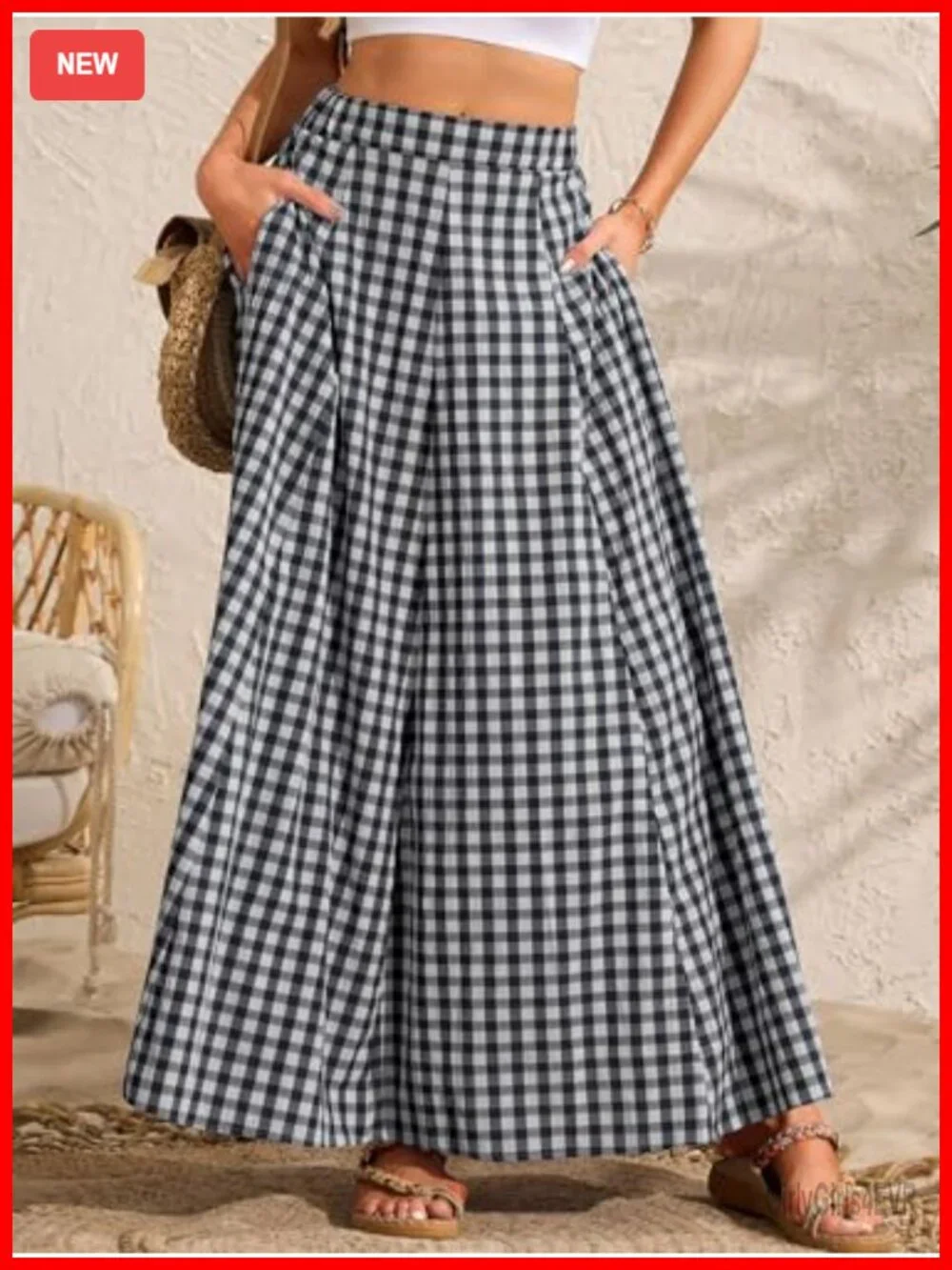 Womens Plaid Gingham Maxi Skirt with Pockets High Waist A Line Flared Long